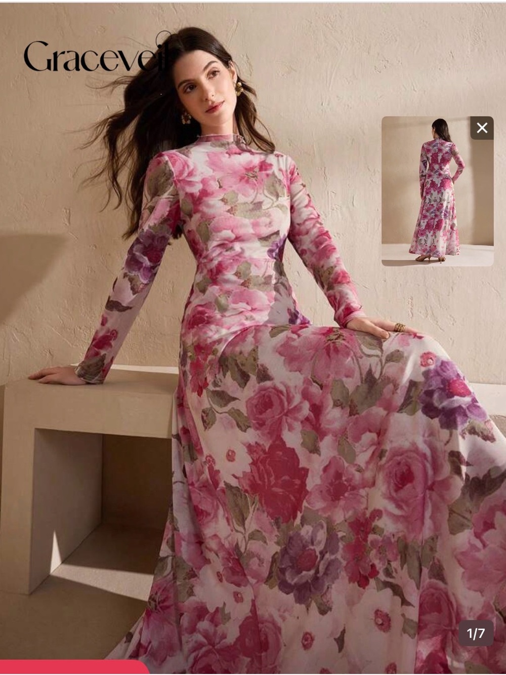 SHEIN Pink Floral Long-Sleeve Maxi Dress